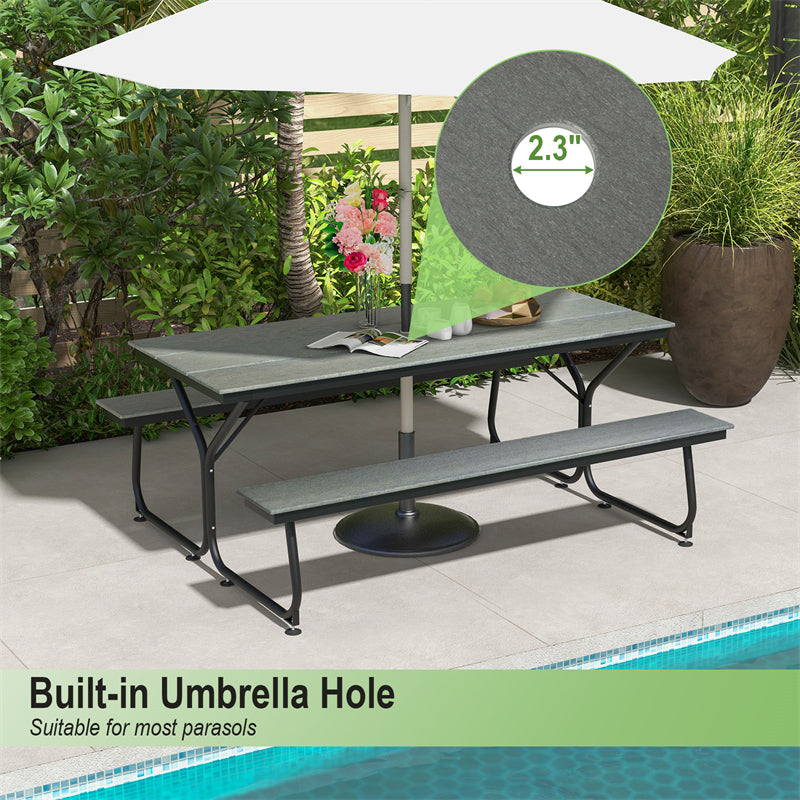 6FT Picnic Table Bench Set for 6-8 Person, Heavy-Duty Frame All-Weather HDPE Outdoor Table with Umbrella Hole & 2 Benches