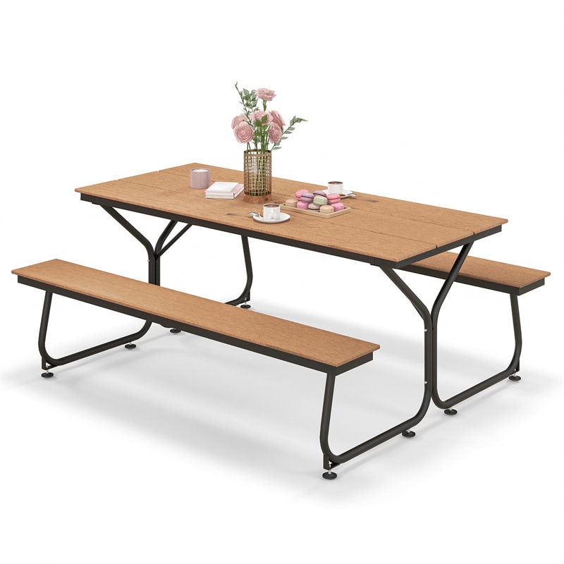 6FT Picnic Table Bench Set for 6-8 Person, Heavy-Duty Frame All-Weather HDPE Outdoor Table with Umbrella Hole & 2 Benches