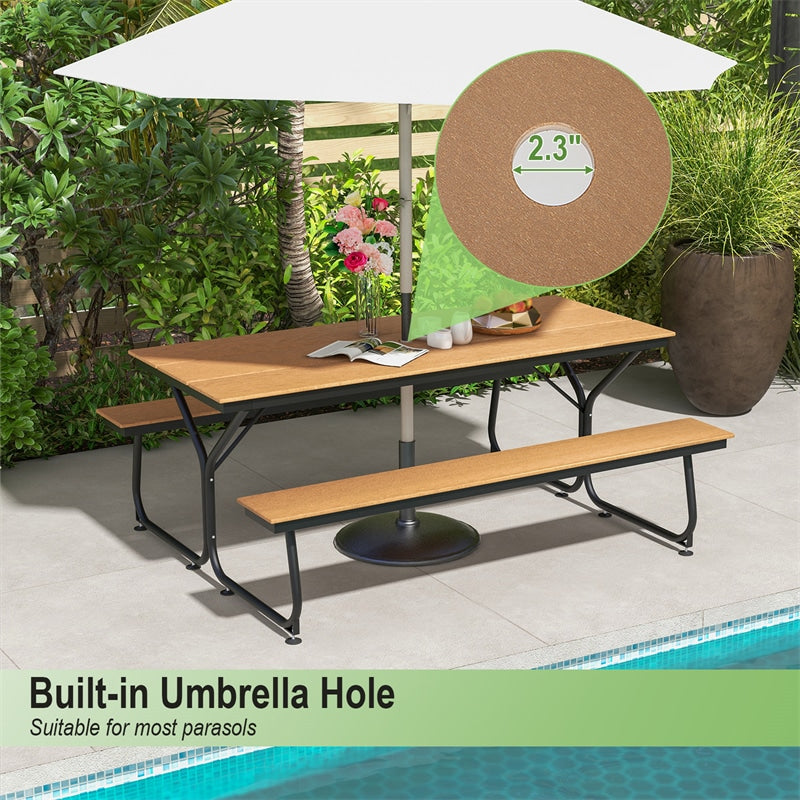 6FT Picnic Table Bench Set for 6-8 Person, Heavy-Duty Frame All-Weather HDPE Outdoor Table with Umbrella Hole & 2 Benches