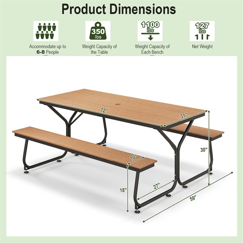 6FT Picnic Table Bench Set for 6-8 Person, Heavy-Duty Frame All-Weather HDPE Outdoor Table with Umbrella Hole & 2 Benches