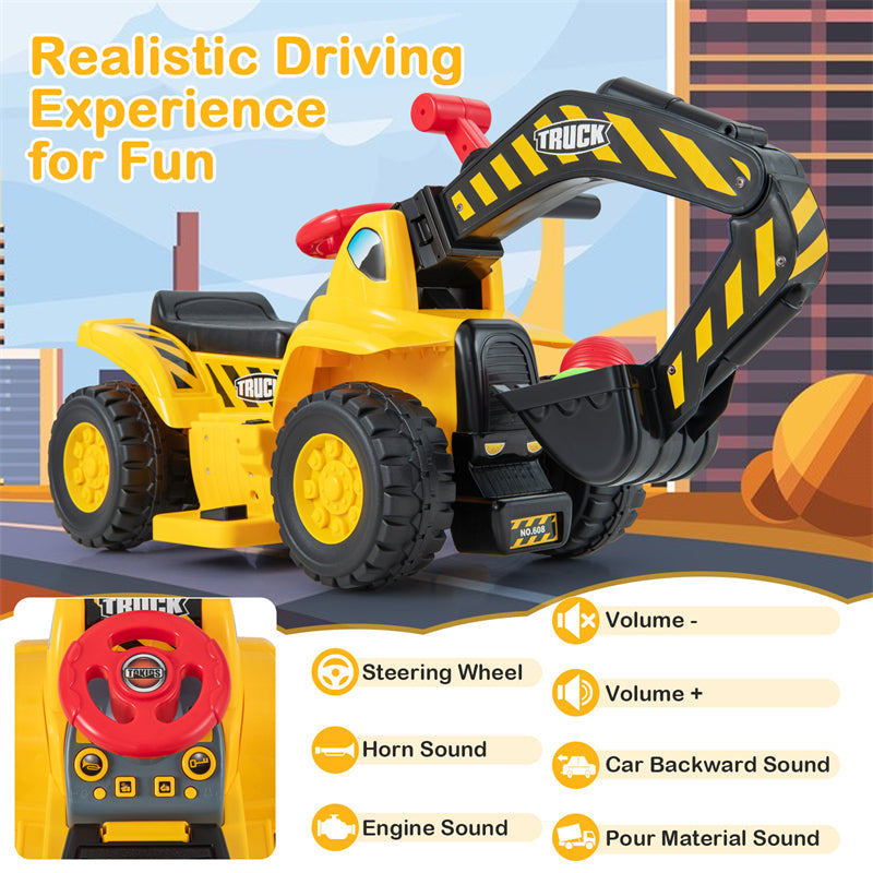 6V Battery Kids Ride On Excavator Toddler Bulldozer Digger Construction Vehicle with Folding Basketball Hoop & Underneath Storage