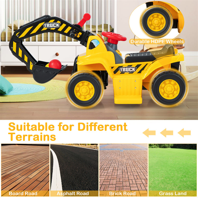 6V Battery Kids Ride On Excavator Toddler Bulldozer Digger Construction Vehicle with Folding Basketball Hoop & Underneath Storage