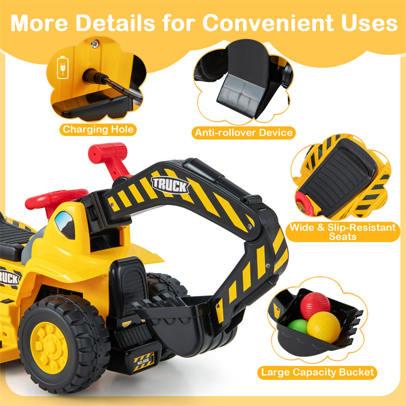 6V Battery Kids Ride On Excavator Toddler Bulldozer Digger Construction Vehicle with Folding Basketball Hoop & Underneath Storage