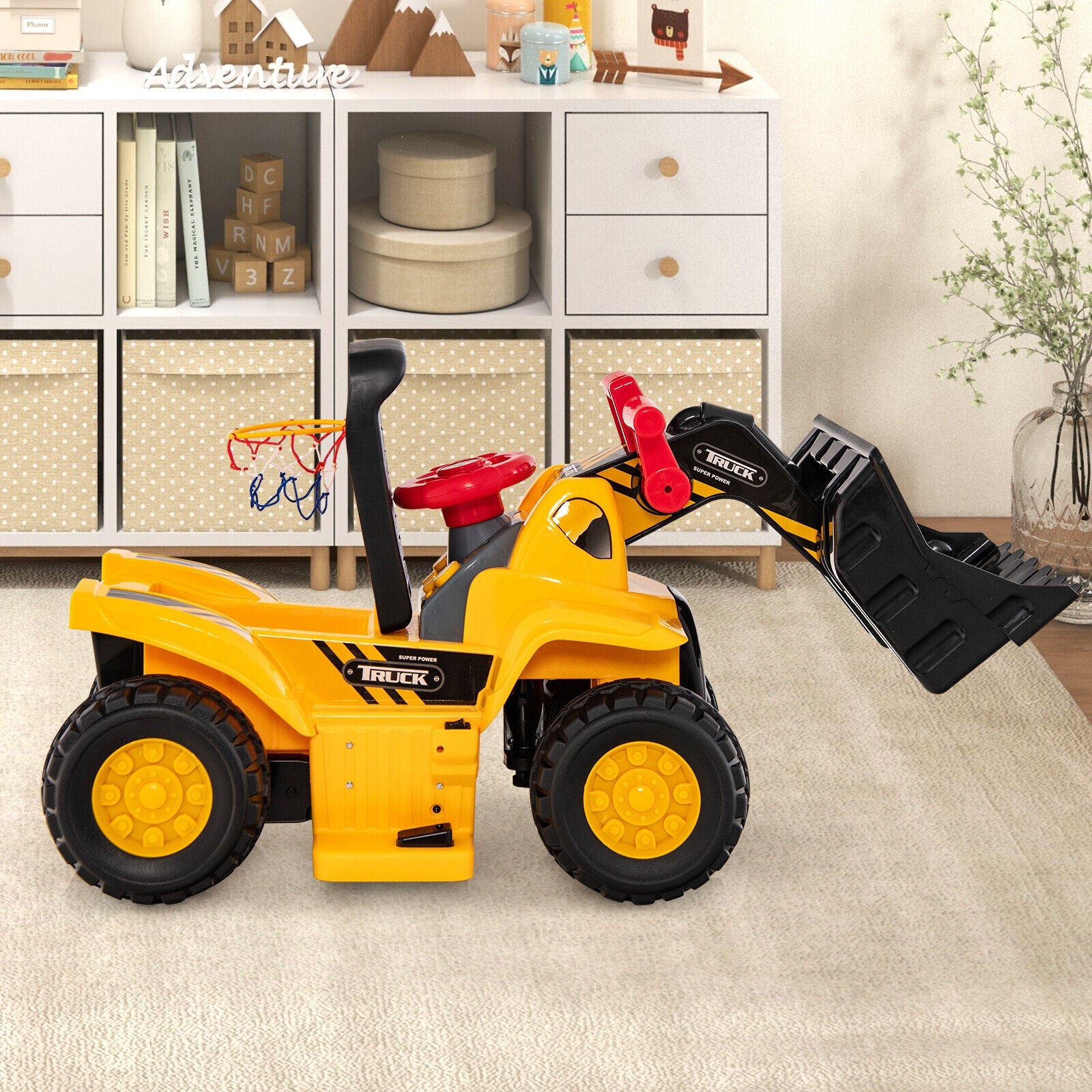 6V Electric Kids Ride On Bulldozer Excavator Construction Vehicle Outdoor Digger Scoop Pull Cart with Adjustable Loader Bucket & Underneath Storage