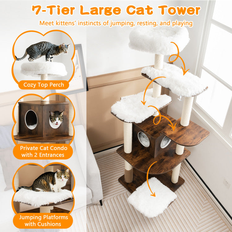 7-Layer Wooden Cat Tree Tall Cat Tower with Sisal Posts and Condo