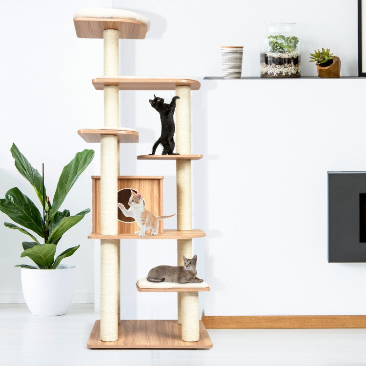 7-Layer Wooden Cat Tree Tall Cat Tower with Sisal Posts and Condo