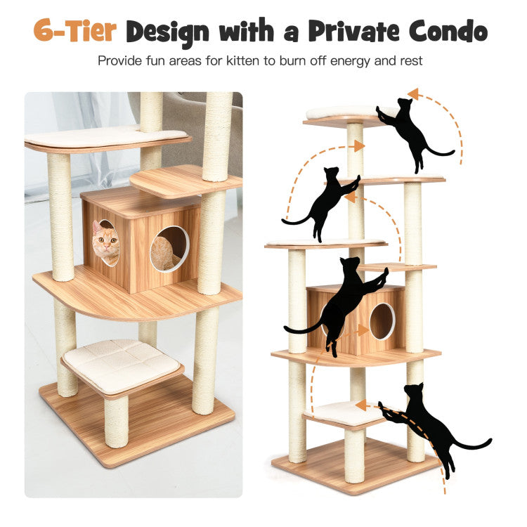 7-Layer Wooden Cat Tree Tall Cat Tower with Sisal Posts and Condo