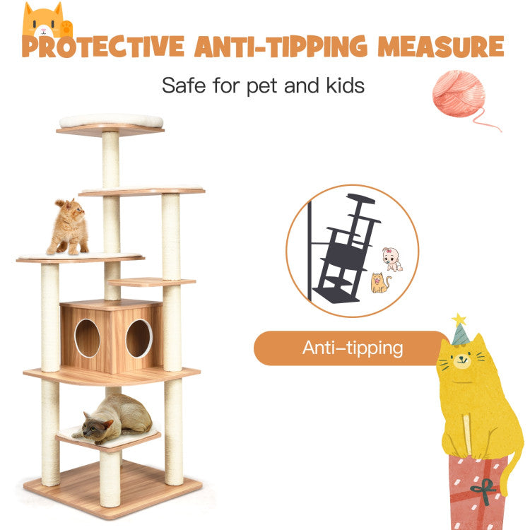 7-Layer Wooden Cat Tree Tall Cat Tower with Sisal Posts and Condo