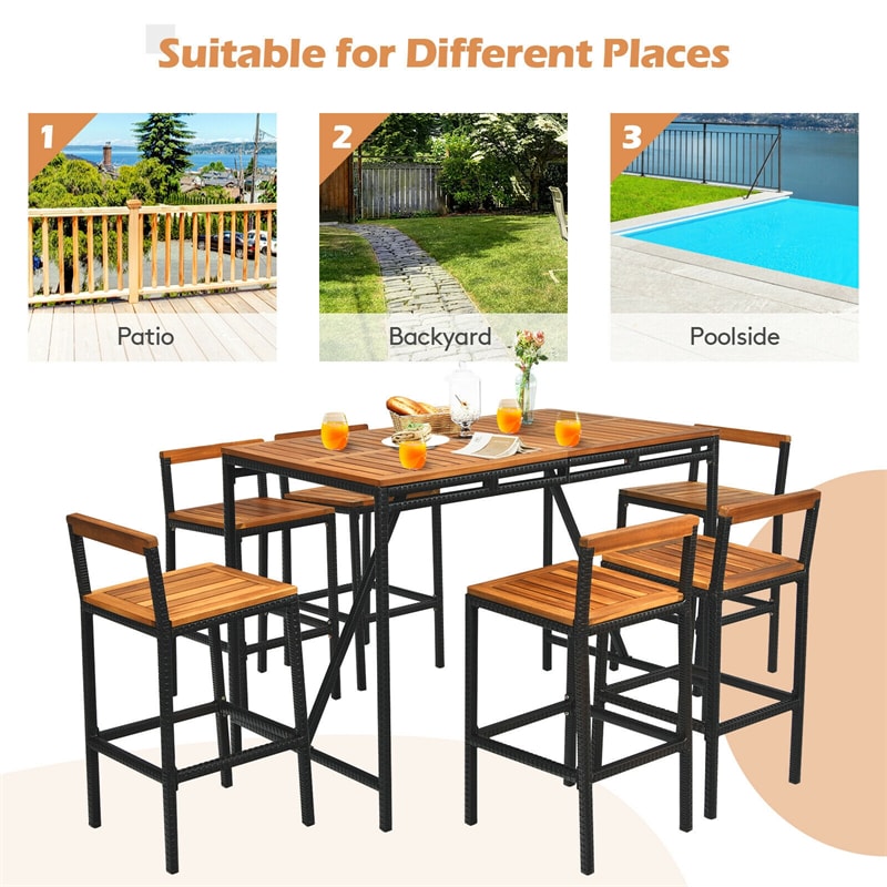 7-Piece Outdoor Acacia Wood Bar Set Rattan Bar Height Patio Dining Set with Umbrella Hole & 6 Bar Stools