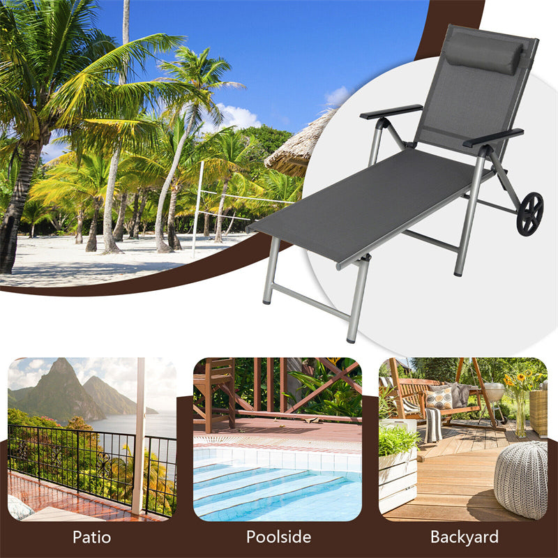 7-Position Adjustable Outdoor Patio Folding Chaise Lounge Chair with Wheels & Removable Headrest