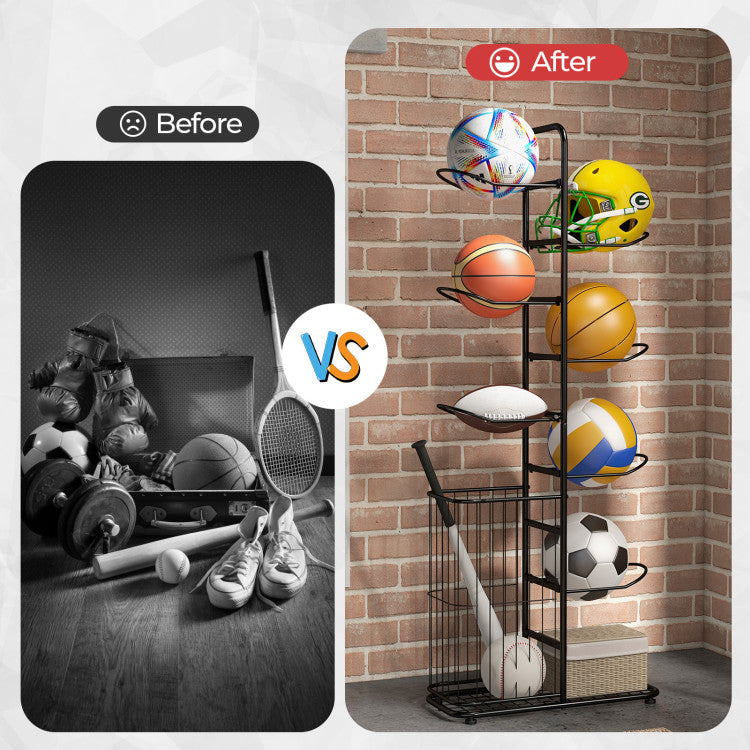 7-Tier Metal Basketball Storage Rack with Removable Hanging Rods and Side Ball Basket