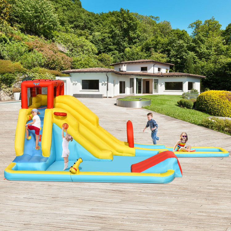 7-in-1 Inflatable Dual Slide Water Park Climbing Bouncer with 735W Air Blower