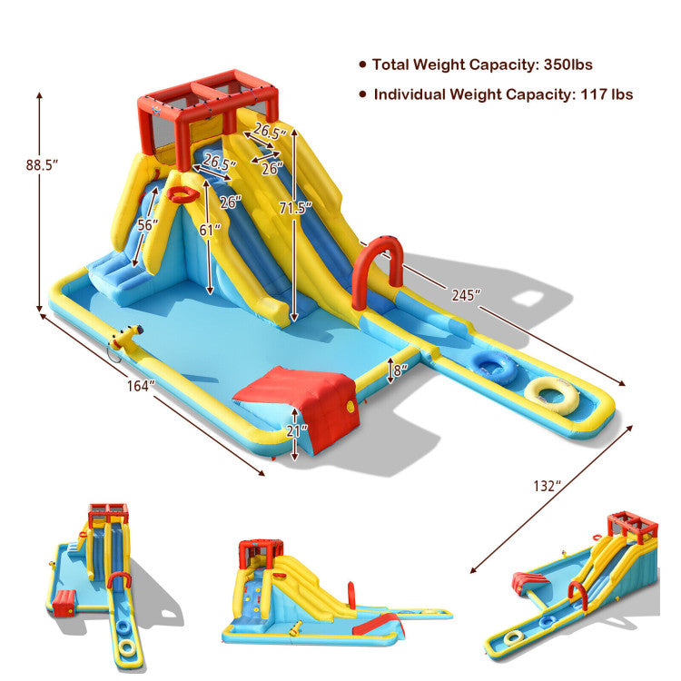 7-in-1 Inflatable Dual Slide Water Park Climbing Bouncer with 735W Air Blower