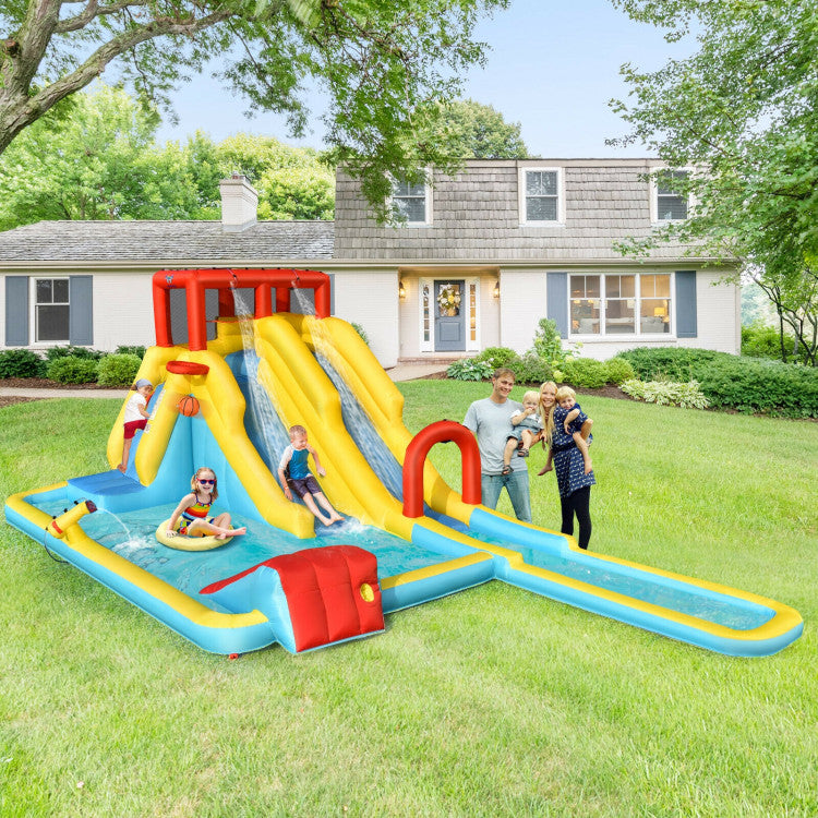 7-in-1 Inflatable Dual Slide Water Park Climbing Bouncer with 735W Air Blower