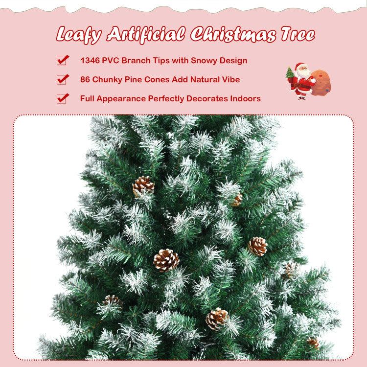 7.5 Feet Realistic Artificial Snow Flocked Christmas Tree with Pine Cones