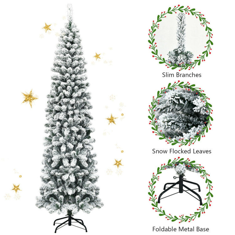 7.5 Feet Unlit Hinged Snow Flocked Artificial Pencil Christmas Tree with 641 Tips