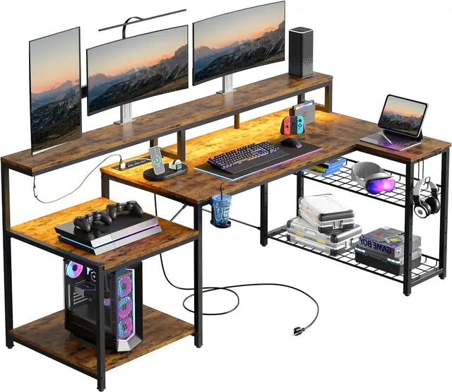 71.5" LED Desk with Monitor Stand – L-Shaped Desk with Shelf, Cup Holder & Headset Hooks - ElitePlayPro