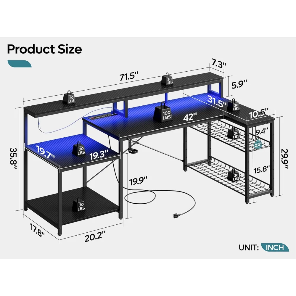 71.5" LED Desk with Monitor Stand – L-Shaped Desk with Shelf, Cup Holder & Headset Hooks - ElitePlayPro