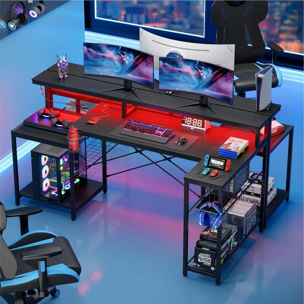 71.5" LED Desk with Monitor Stand – L-Shaped Desk with Shelf, Cup Holder & Headset Hooks - ElitePlayPro