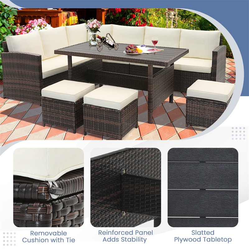 7 PCS Outdoor Wicker Sectional Sofa Furniture Set Patio Conversation Set with Coffee Table, Ottomans& Cushions