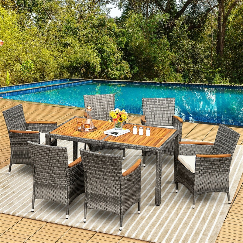 7 Piece Wicker Rattan Patio Dining Set Outdoor Furniture Set with Acacia Wood Table & 6 Cushioned Chairs