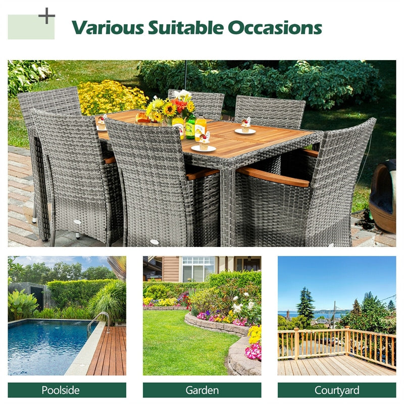 7 Piece Wicker Rattan Patio Dining Set Outdoor Furniture Set with Acacia Wood Table & 6 Cushioned Chairs