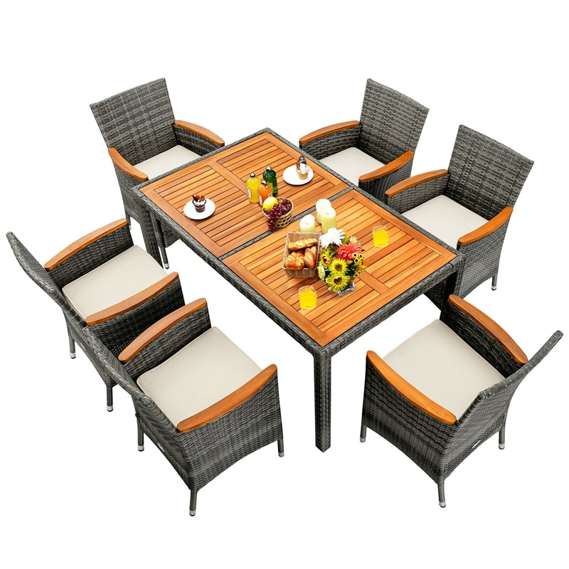 7 Piece Wicker Rattan Patio Dining Set Outdoor Furniture Set with Acacia Wood Table & 6 Cushioned Chairs