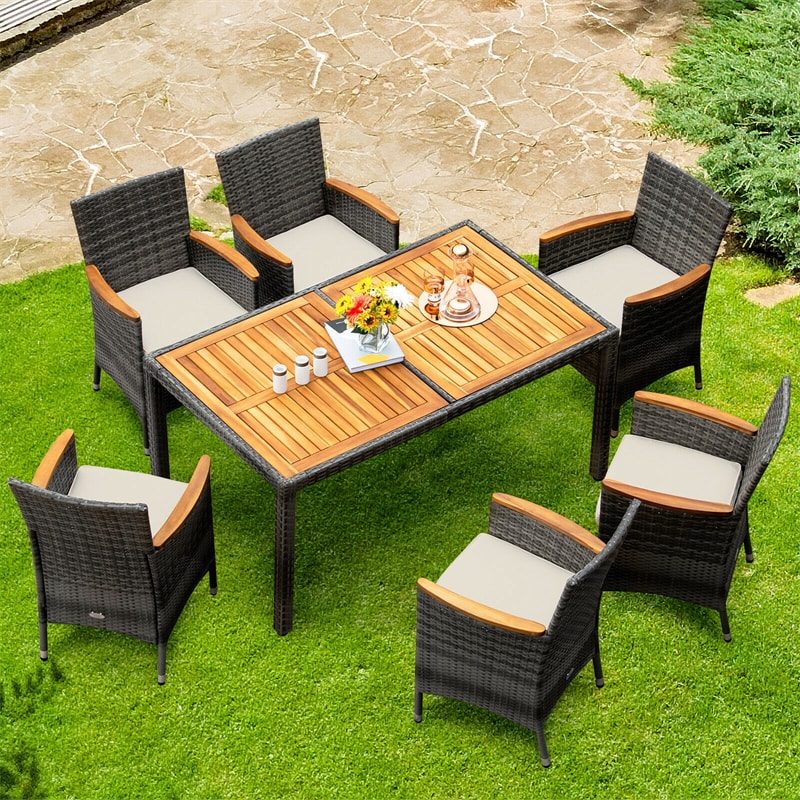 7 Piece Wicker Rattan Patio Dining Set Outdoor Furniture Set with Acacia Wood Table & 6 Cushioned Chairs