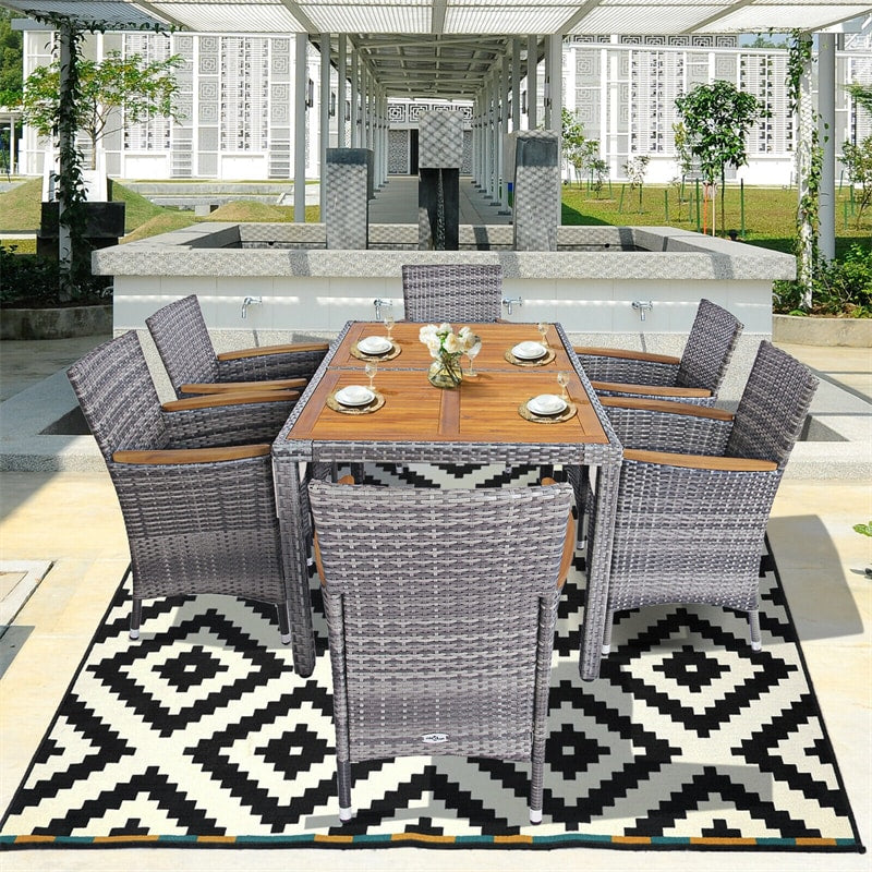 7 Piece Wicker Rattan Patio Dining Set Outdoor Furniture Set with Acacia Wood Table & 6 Cushioned Chairs