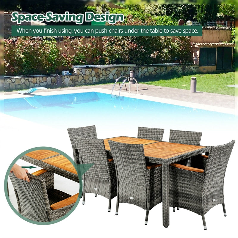 7 Piece Wicker Rattan Patio Dining Set Outdoor Furniture Set with Acacia Wood Table & 6 Cushioned Chairs