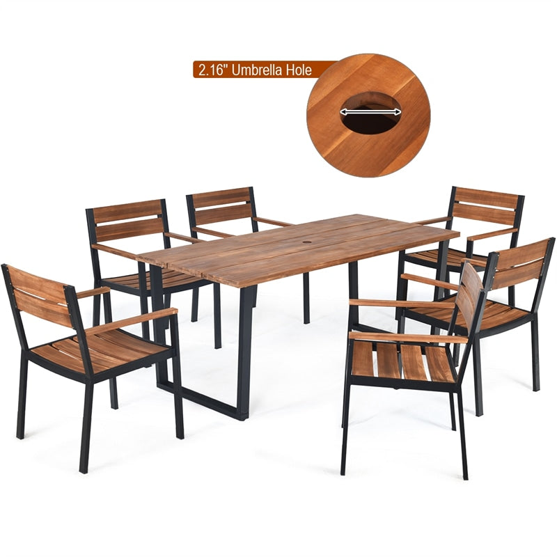 7 Piece Patented Patio Dining Chair Table Set Outdoor Dining Furniture with Steel Frame Acacia Wood Armchair Table & Umbrell Hole for Backyard Garden