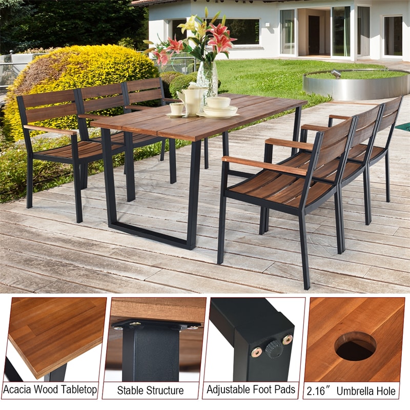 7 Piece Patented Patio Dining Chair Table Set Outdoor Dining Furniture with Steel Frame Acacia Wood Armchair Table & Umbrell Hole for Backyard Garden