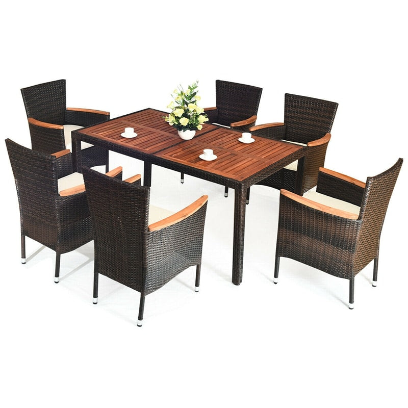 7 Piece Rattan Patio Dining Set Acacia Wood Outdoor Dining Table Set with Wicker Chairs & Cushions