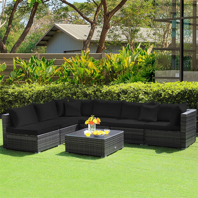 7 Piece Wicker Modular Outdoor Sectional Rattan Patio Sofa Set with Cushions & Coffee Table