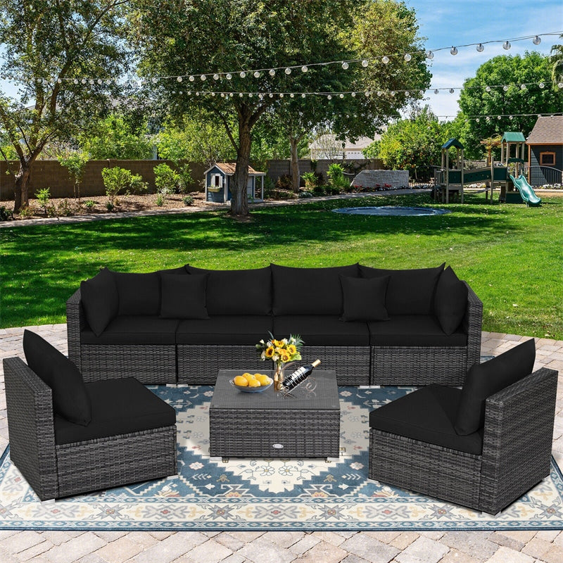 7 Piece Wicker Modular Outdoor Sectional Rattan Patio Sofa Set with Cushions & Coffee Table