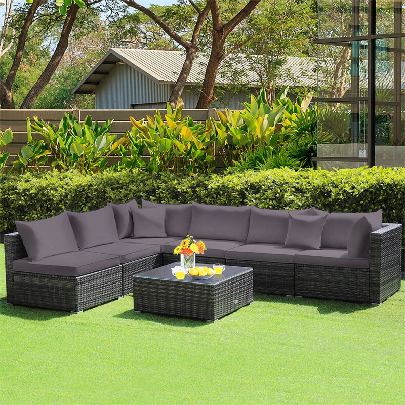 7 Piece Wicker Modular Outdoor Sectional Rattan Patio Sofa Set with Cushions & Coffee Table