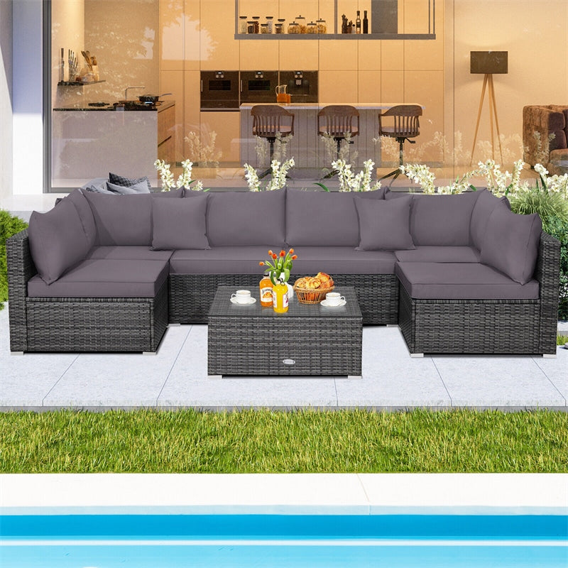 7 Piece Wicker Modular Outdoor Sectional Rattan Patio Sofa Set with Cushions & Coffee Table