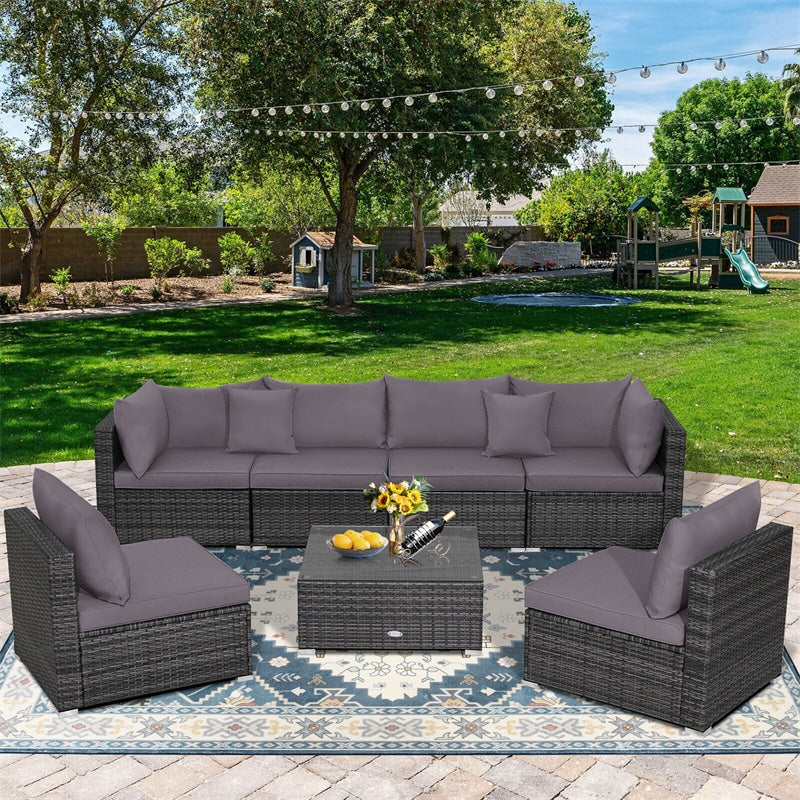 7 Piece Wicker Modular Outdoor Sectional Rattan Patio Sofa Set with Cushions & Coffee Table