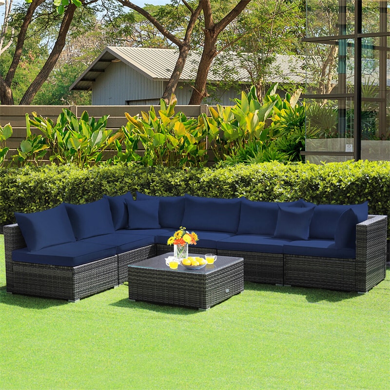 7 Piece Wicker Modular Outdoor Sectional Rattan Patio Sofa Set with Cushions & Coffee Table