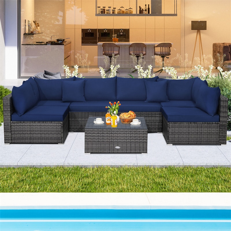 7 Piece Wicker Modular Outdoor Sectional Rattan Patio Sofa Set with Cushions & Coffee Table