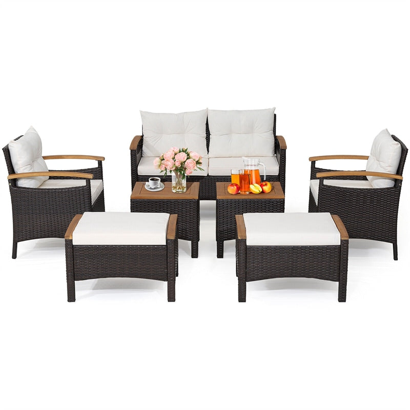 7 Piece Rattan Patio Sofa Set Wicker Outdoor Conversation Set with Seat & Back Cushions 2 Coffee Tables