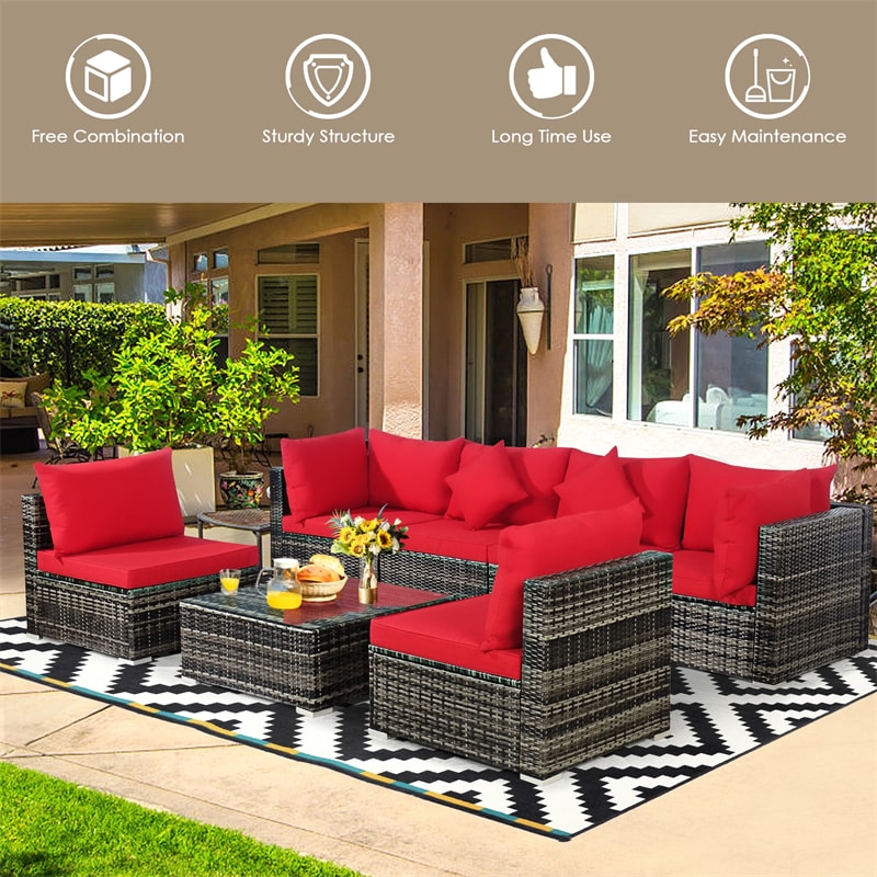 7 Piece Wicker Modular Outdoor Sectional Rattan Patio Sofa Set with Cushions & Coffee Table