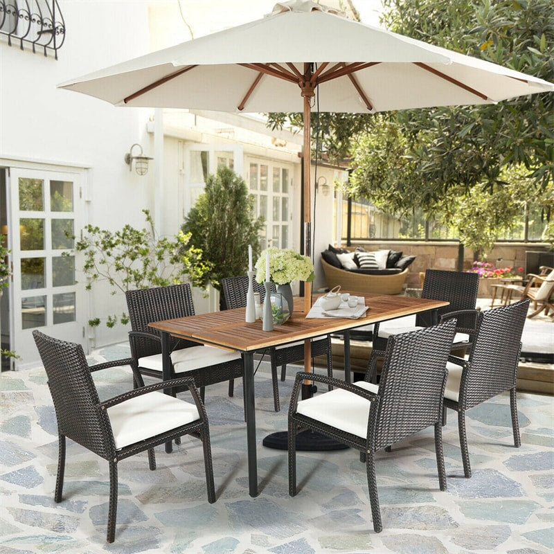 7 Piece Patio Wicker Dining Set Outdoor Acacia Wood Dining Furniture Set with Umbrella Hole & Steel Rattan Armchairs