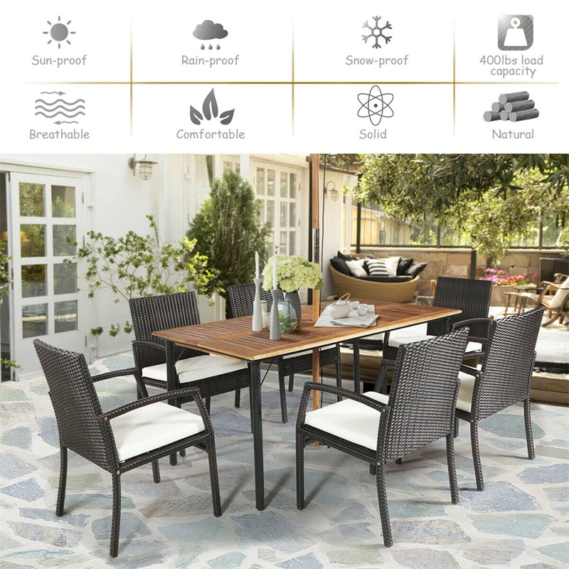 7 Piece Patio Wicker Dining Set Outdoor Acacia Wood Dining Furniture Set with Umbrella Hole & Steel Rattan Armchairs