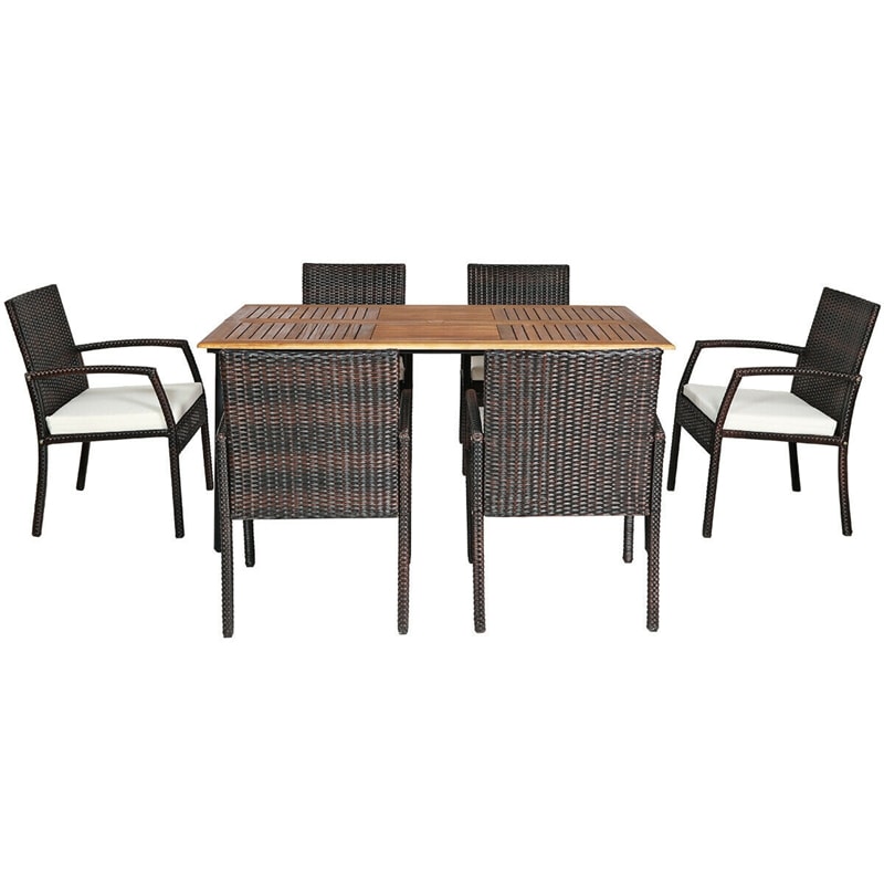 7 Piece Patio Wicker Dining Set Outdoor Acacia Wood Dining Furniture Set with Umbrella Hole & Steel Rattan Armchairs