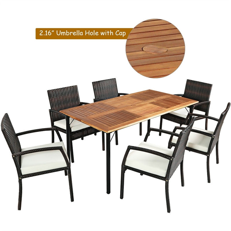 7 Piece Patio Wicker Dining Set Outdoor Acacia Wood Dining Furniture Set with Umbrella Hole & Steel Rattan Armchairs