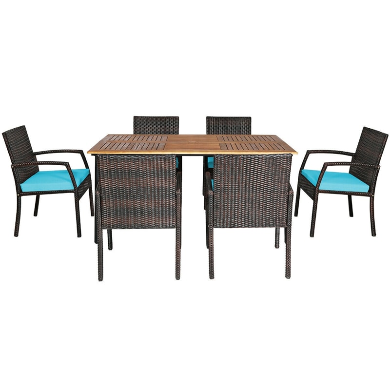 7 Piece Patio Wicker Dining Set Outdoor Acacia Wood Dining Furniture Set with Umbrella Hole & Steel Rattan Armchairs