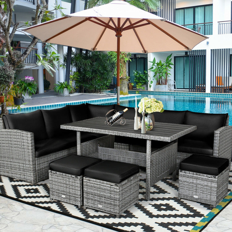 7 Pieces Outdoor Wicker Sectional Sofa Set with Dining Table and Cushion