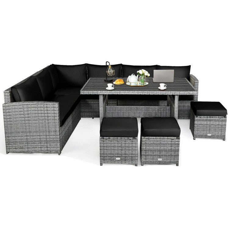 7 Pieces Outdoor Wicker Sectional Sofa Set with Dining Table and Cushion