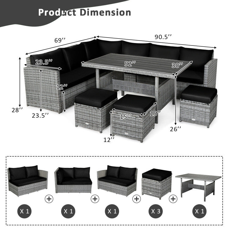 7 Pieces Outdoor Wicker Sectional Sofa Set with Dining Table and Cushion